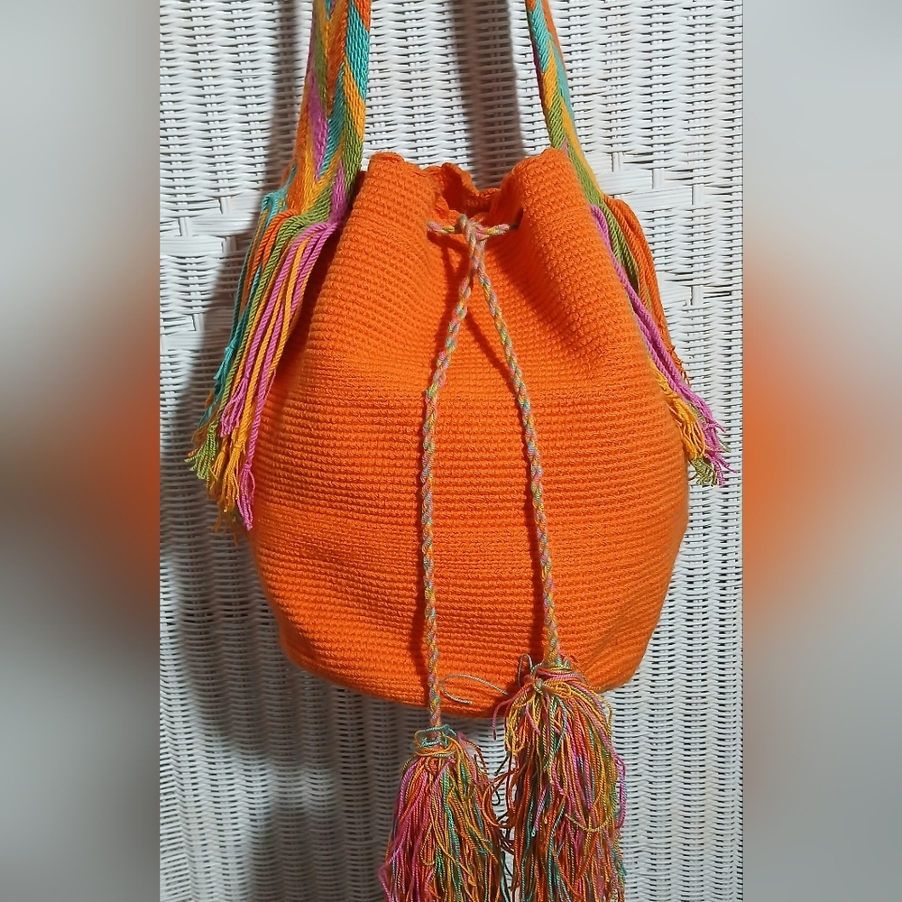 Vibrant Orange Woven Hobo Drawstring Wayuu Mochila Bag
